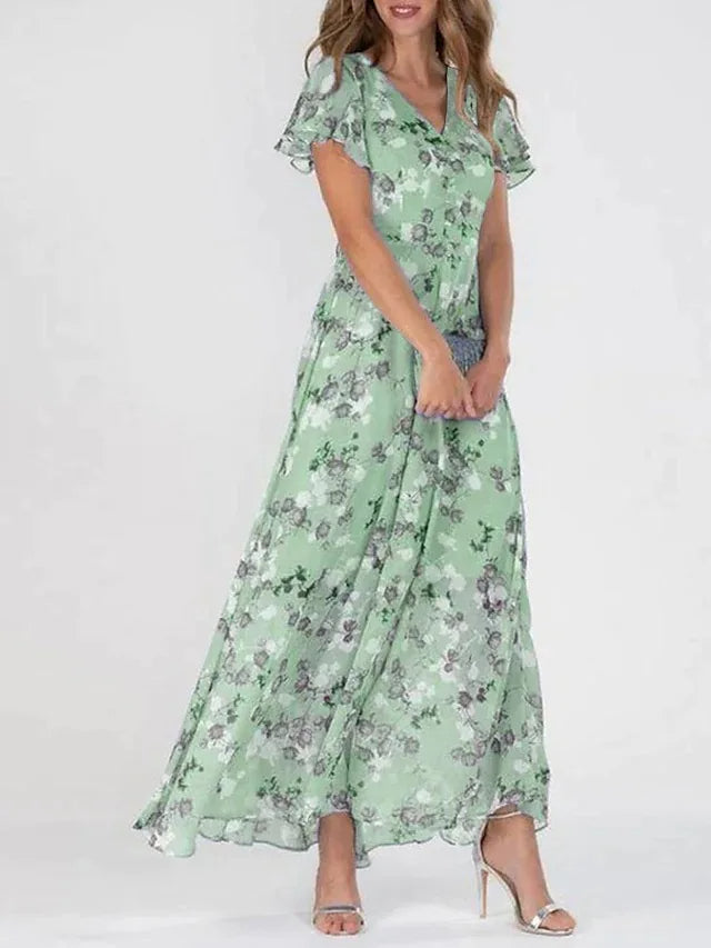 Robe longue d’été pour femme à imprimé floral, décolleté en V et manches à volants