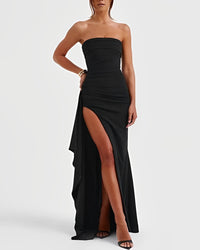 Šaty na stužkovú | Dámske večerné šaty maxi bez ramienok s vysokým rozparkom