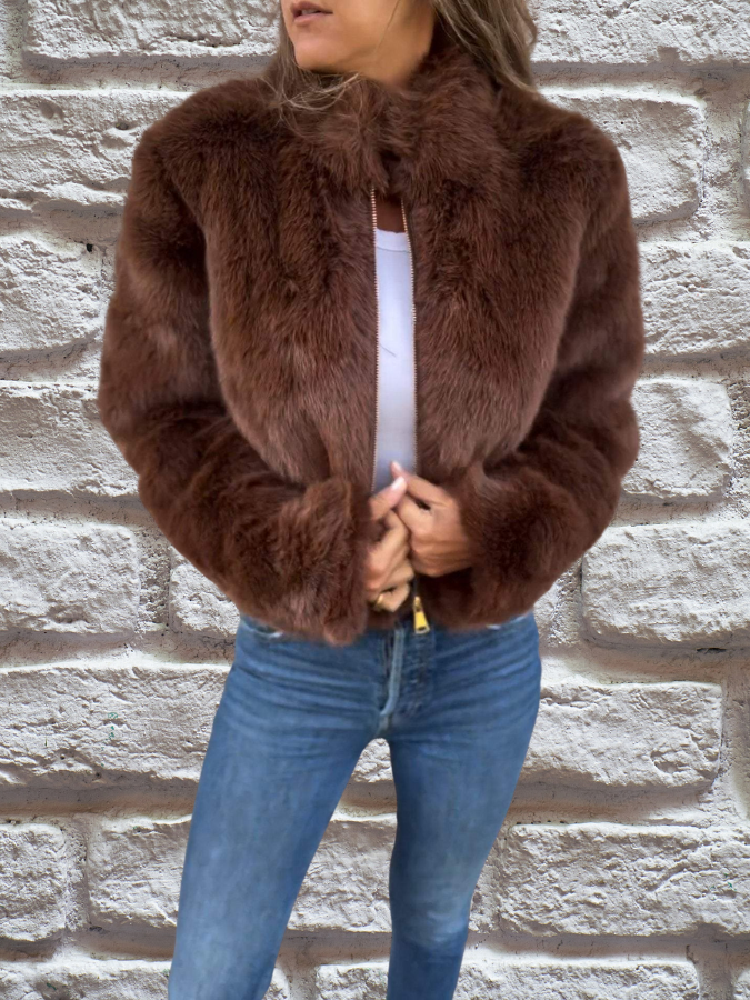 Veste courte en fourrure pour femme à col montant