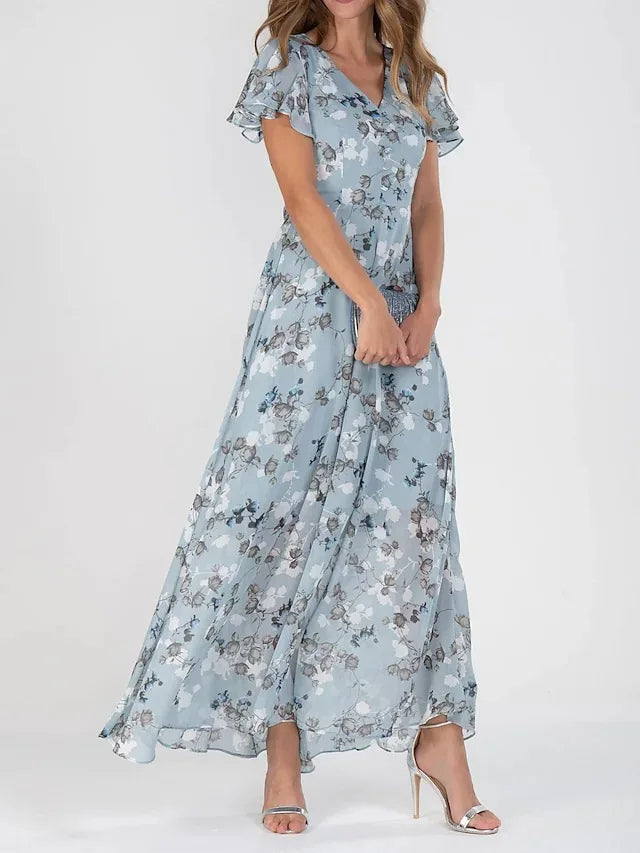 Robe longue d’été pour femme à imprimé floral, décolleté en V et manches à volants