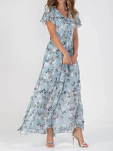 Robe longue d’été pour femme à imprimé floral, décolleté en V et manches à volants