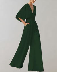 Γυναικεία ολόσωμη φόρμα με ντεκολτέ V και φαρδιά μπατζάκια | χαλαρή γραμμή, για μέρα και βράδυ