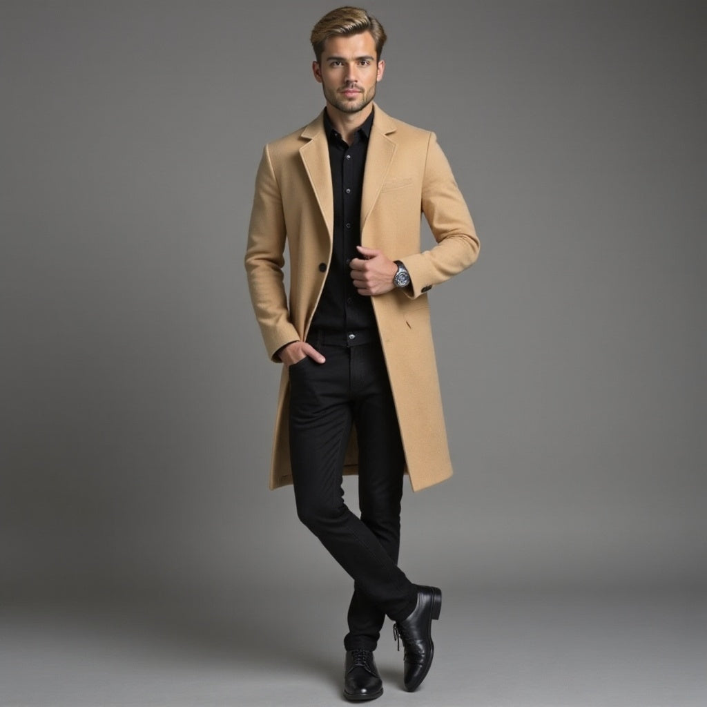 Men's slim-fit single-breasted knee-length coat