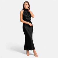 Robe longue dos nu pour femme, sans manches et à col montant