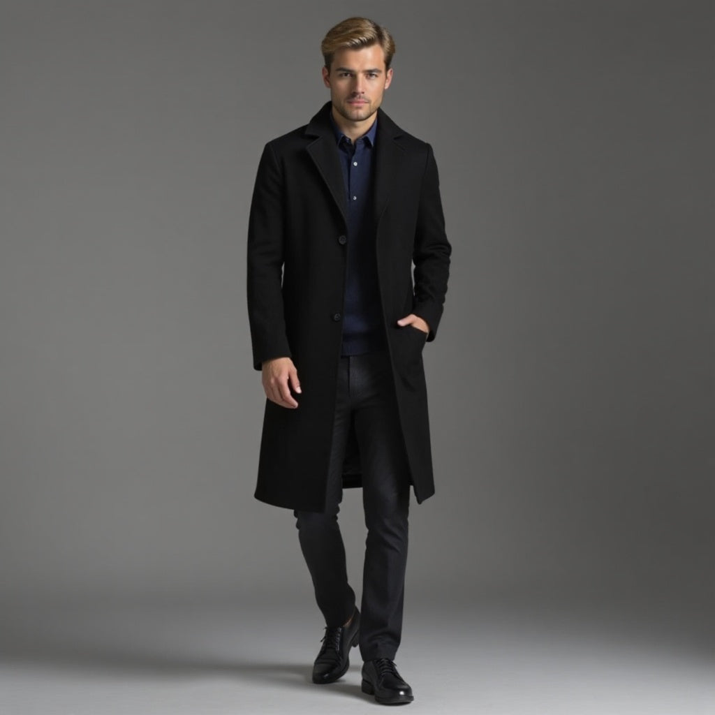 Men's slim-fit single-breasted knee-length coat