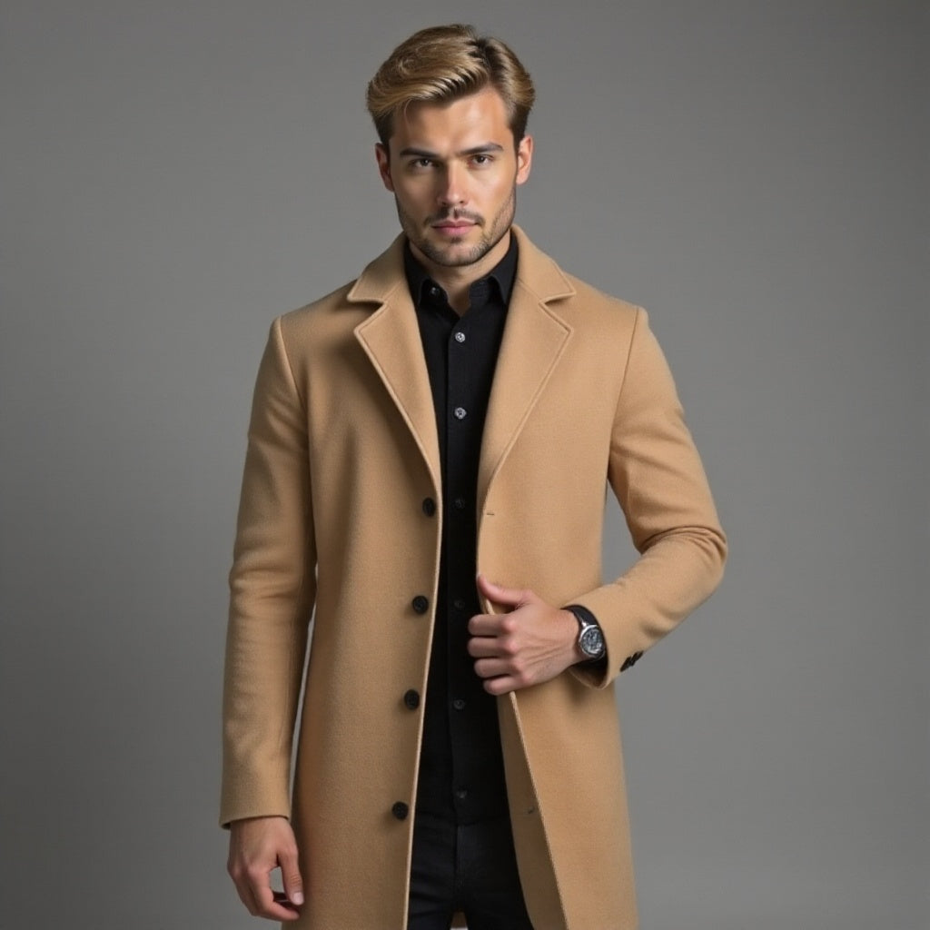 Men's slim-fit single-breasted knee-length coat