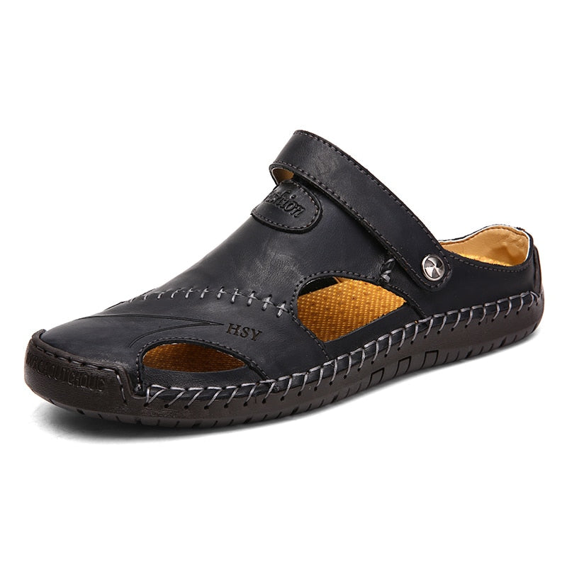 Men’s Closed-Toe Leather Sandals with Hook-and-Loop Fastening