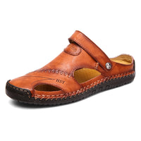 Men’s Closed-Toe Leather Sandals with Hook-and-Loop Fastening