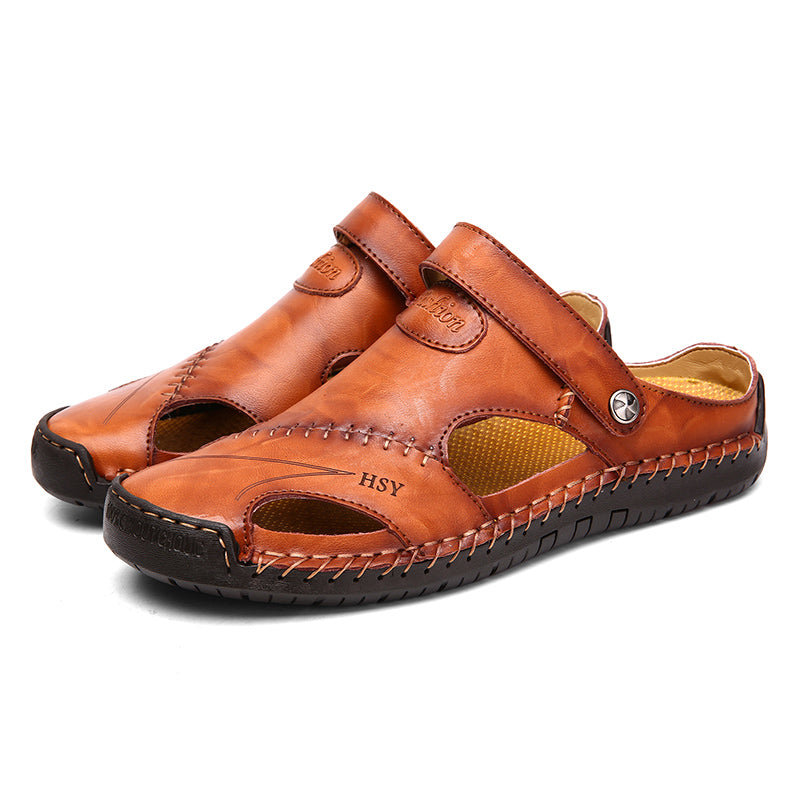 Men’s Closed-Toe Leather Sandals with Hook-and-Loop Fastening