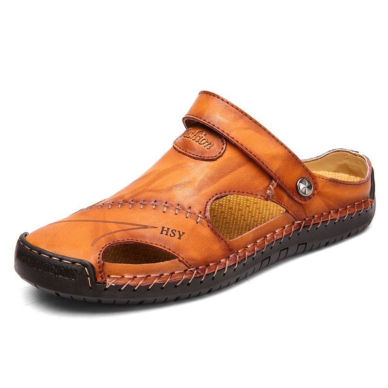 Men’s Closed-Toe Leather Sandals with Hook-and-Loop Fastening