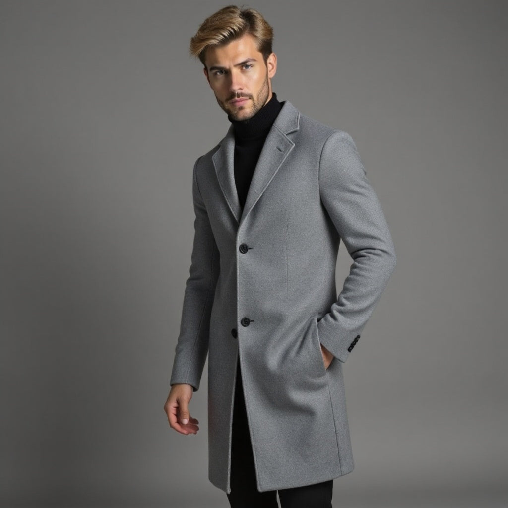 Pánský jednořadý kabát slim fit ke kolenům