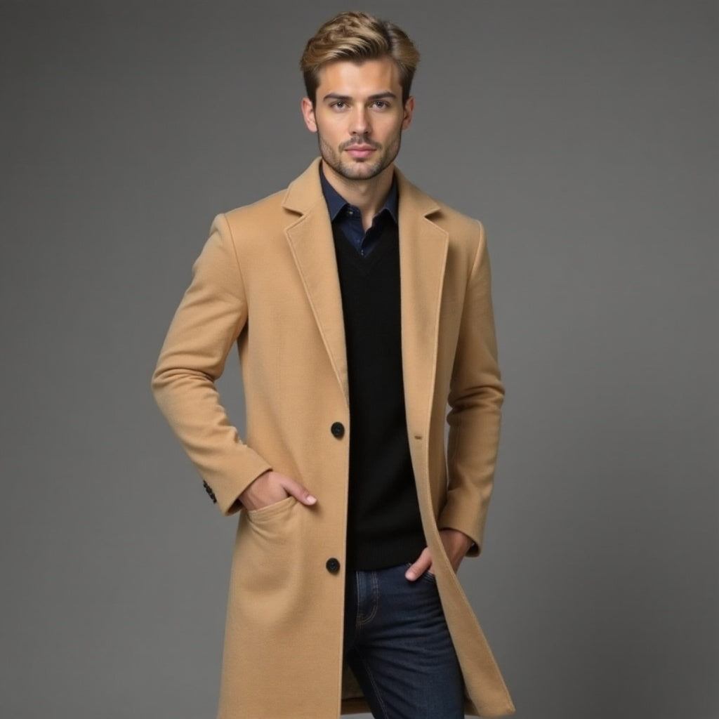 Men's slim-fit single-breasted knee-length coat