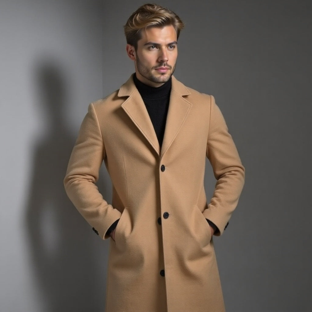 Men's slim-fit single-breasted knee-length coat