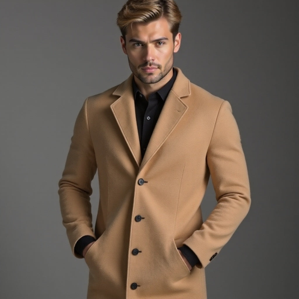 Men's slim-fit single-breasted knee-length coat