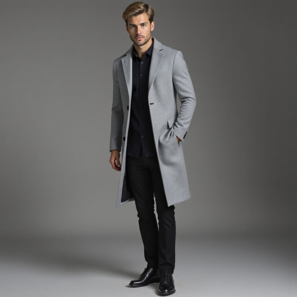 Men's slim-fit single-breasted knee-length coat