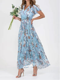 Robe longue d’été pour femme à imprimé floral, décolleté en V et manches à volants