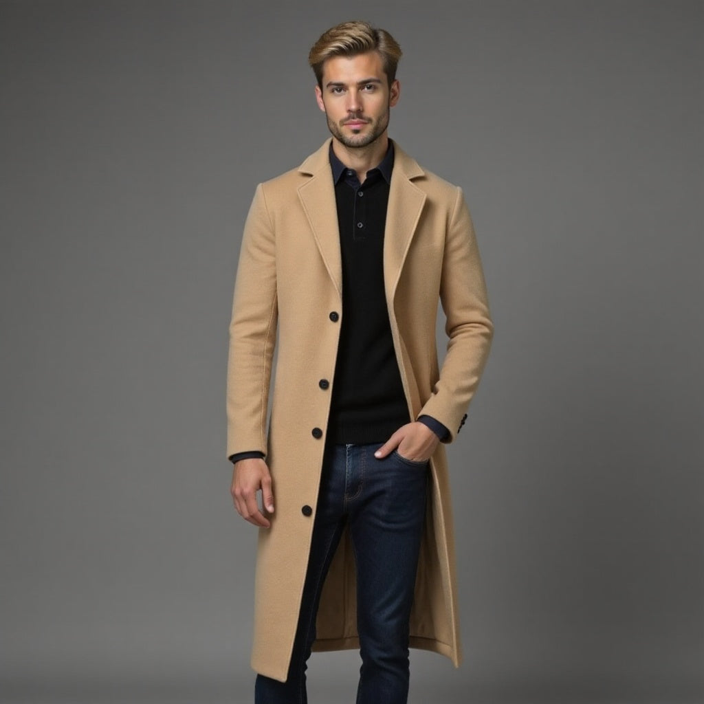 Men's slim-fit single-breasted knee-length coat
