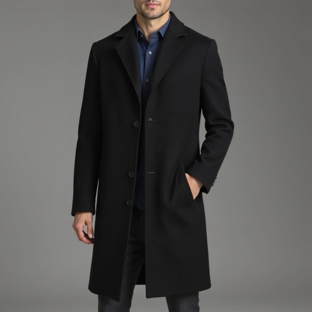 Men's slim-fit single-breasted knee-length coat