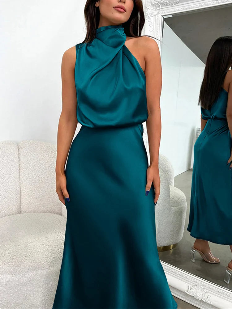 Elegant Women’s Midi Dress with a Draped Neckline