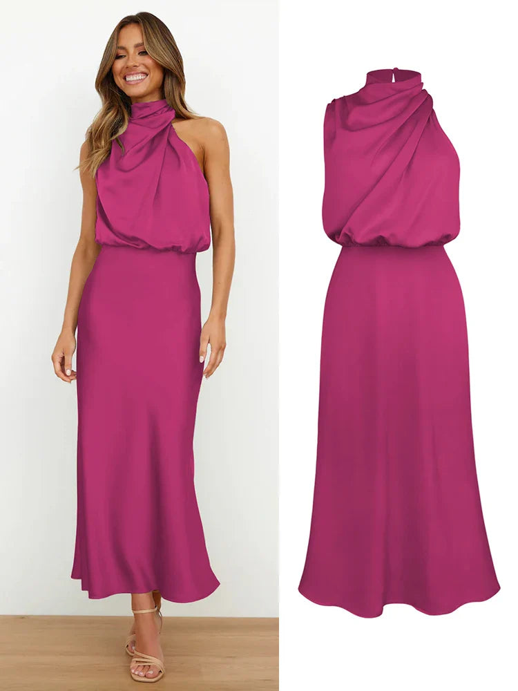 Elegant Women’s Midi Dress with a Draped Neckline