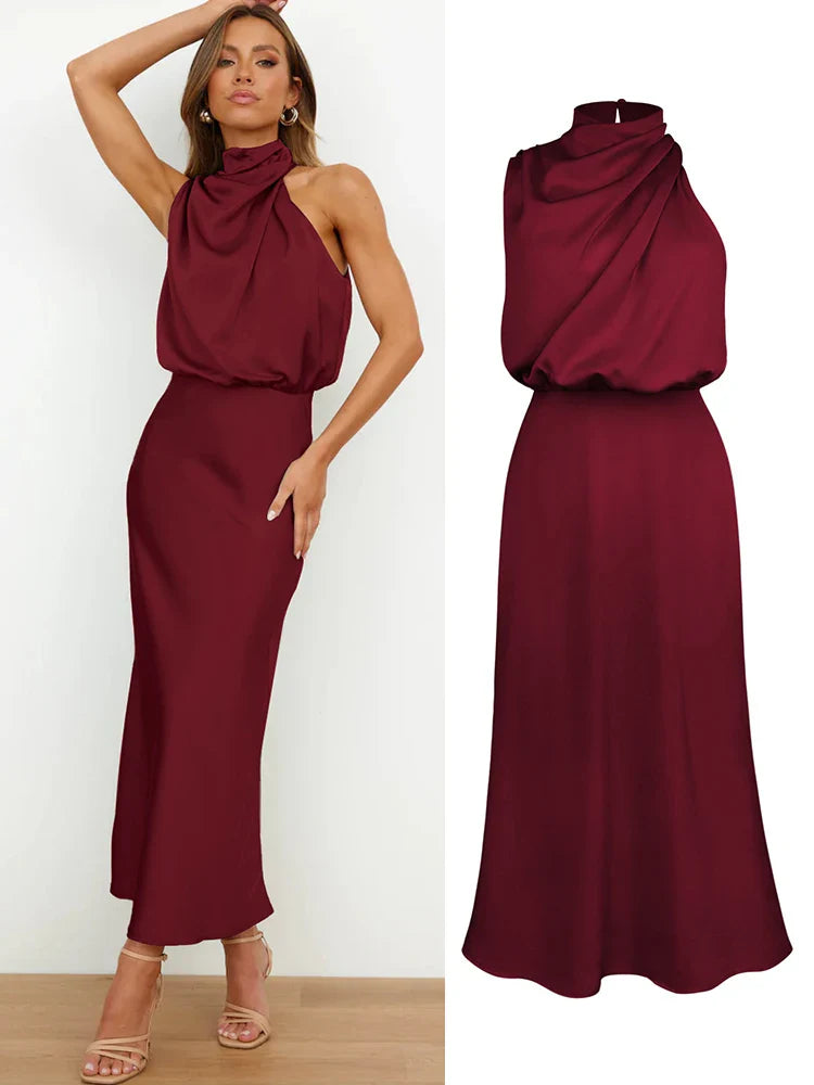 Elegant Women’s Midi Dress with a Draped Neckline