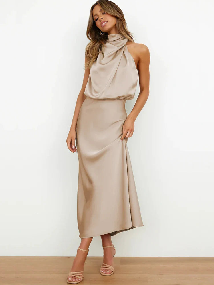 Elegant Women’s Midi Dress with a Draped Neckline