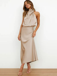 Elegant Women’s Midi Dress with a Draped Neckline