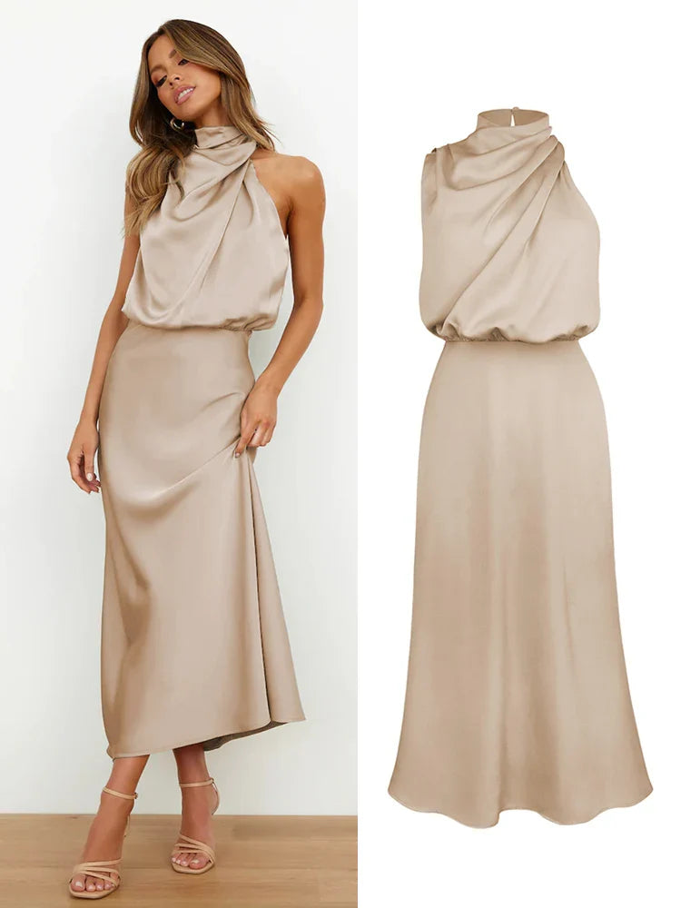 Elegant Women’s Midi Dress with a Draped Neckline