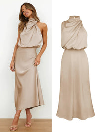 Elegant Women’s Midi Dress with a Draped Neckline