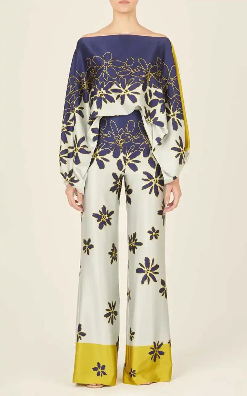 Elegant satin women's asymmetrical set with trousers