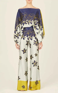 Elegant satin women's asymmetrical set with trousers