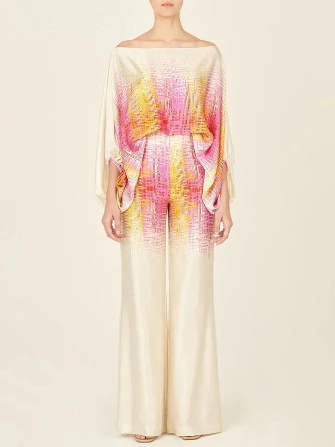 Elegant satin women's asymmetrical set with trousers