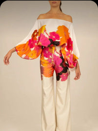 Elegant satin women's asymmetrical set with trousers