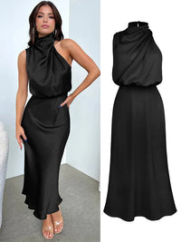 Elegant Women’s Midi Dress with a Draped Neckline