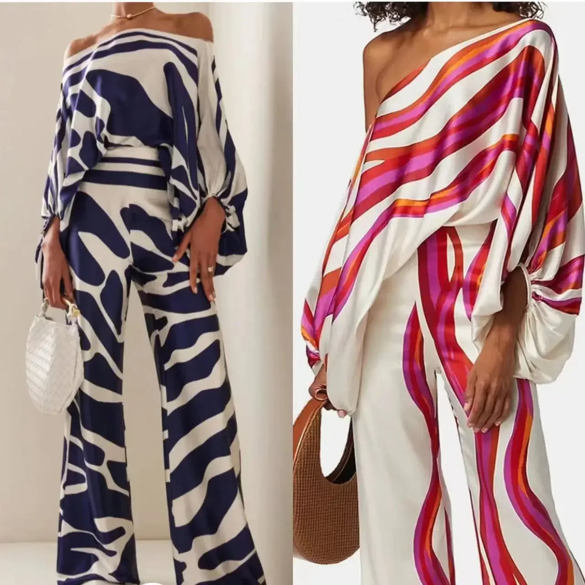 Elegant satin women's asymmetrical set with trousers
