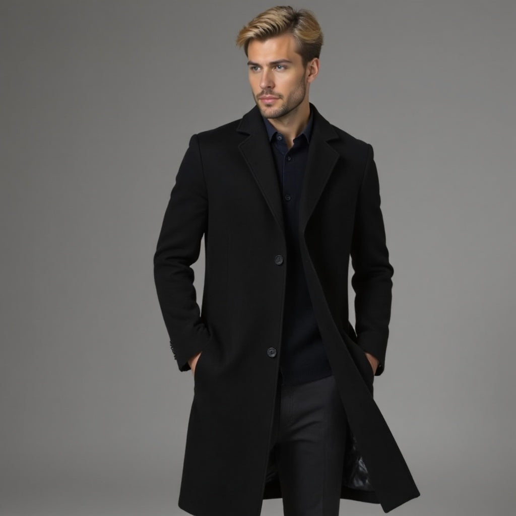 Men's slim-fit single-breasted knee-length coat