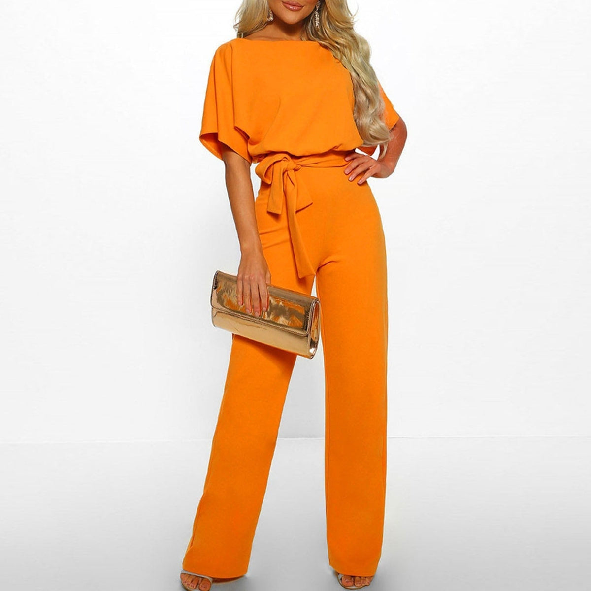 Elegant women's jumpsuit with a belt and wide legs