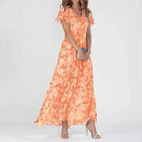 Robe longue d’été pour femme à imprimé floral, décolleté en V et manches à volants