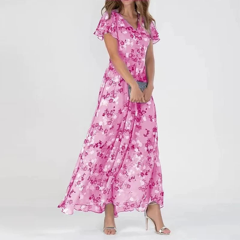 Robe longue d’été pour femme à imprimé floral, décolleté en V et manches à volants