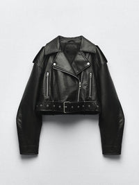 Krótka damska kurtka biker z ekoskóry - Josie Front